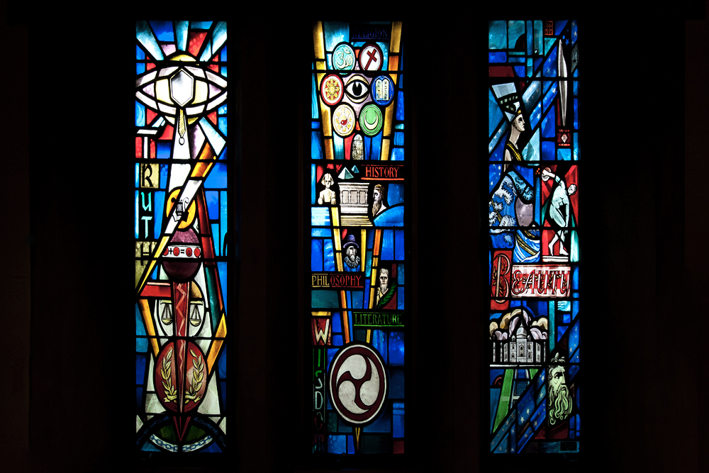 Examples of stained-glass window panes in the Alumni Memorial Chapel
