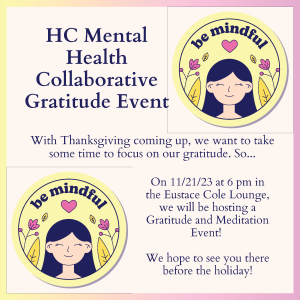 HC Mental Health Collaborative Gratitude Event with icons of a smiling woman and the words Be Mindful