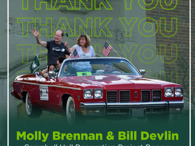 Molly Brennan and husband Bill Devlin perched on a red convertible car, waving to a crowd. The text below the image reads: Molly Brennan & Bill Devlin, Campbell Hall Renovation Project Donors.