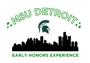 "MSU Detroit" and stars and a Spartan head over a cityscape silhouette.