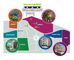 A color-coded map of Honors Housing options across the MSU campus