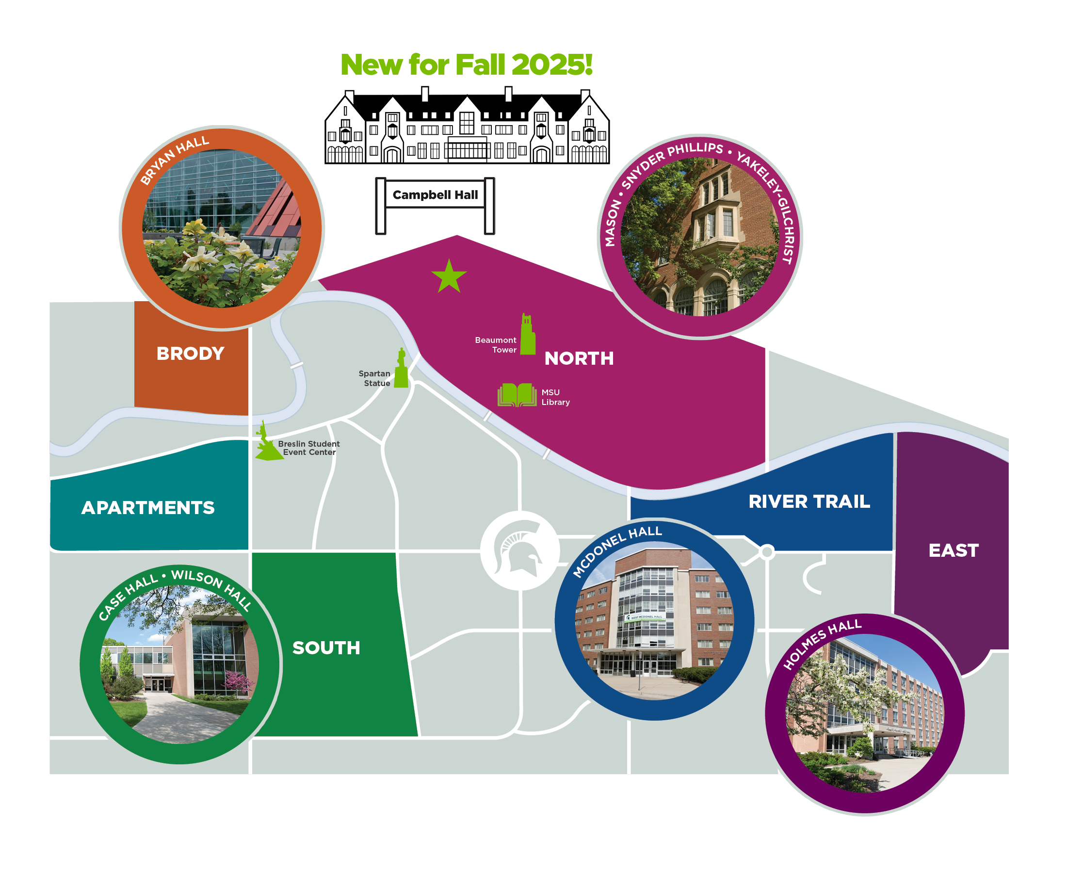 A color-coded map of Honors Housing options across the MSU campus