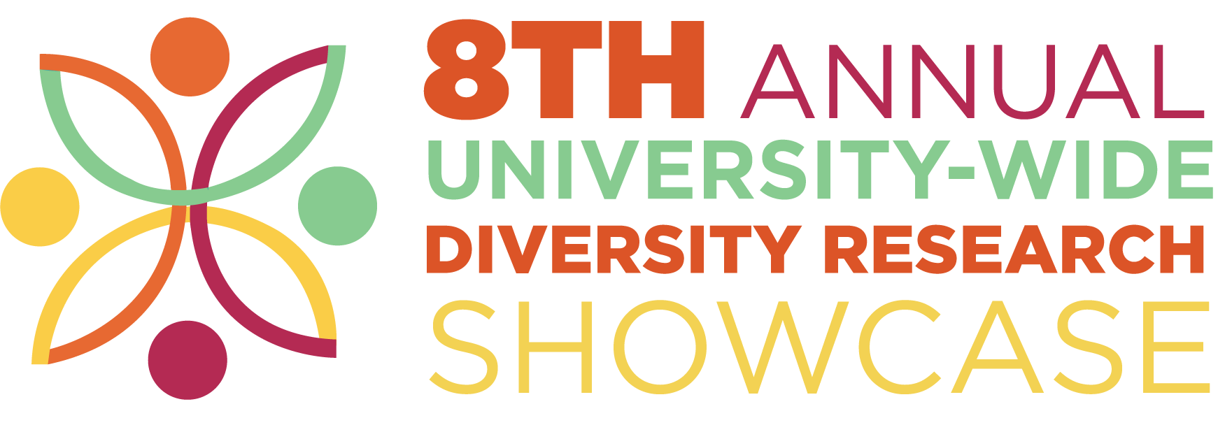 Colorful, four-leaf flower design with circles, followed by text: "8th Annual University-Wide Diversity Research Showcase".