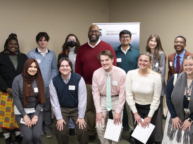 DRS award winners pictured with Honors College Interim Dean Glenn Chambers.