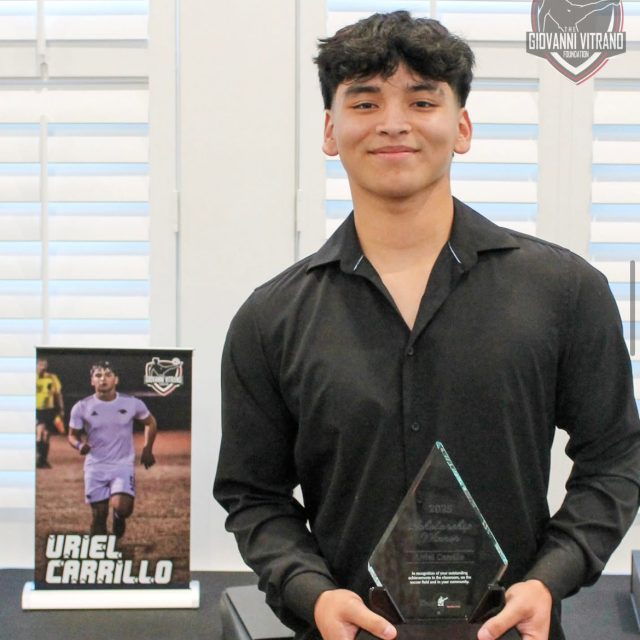 Uriel Carrillo profile photo wearing a black button-up shirt and holding a glass award, standing next to a picture of a soccer player that reads, "Uriel Carrillo".
