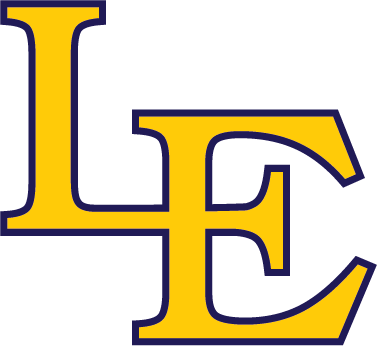 Graphic of the Lansing Eastern High School logo, containing the yellow letters L and E outlined in dark blue.