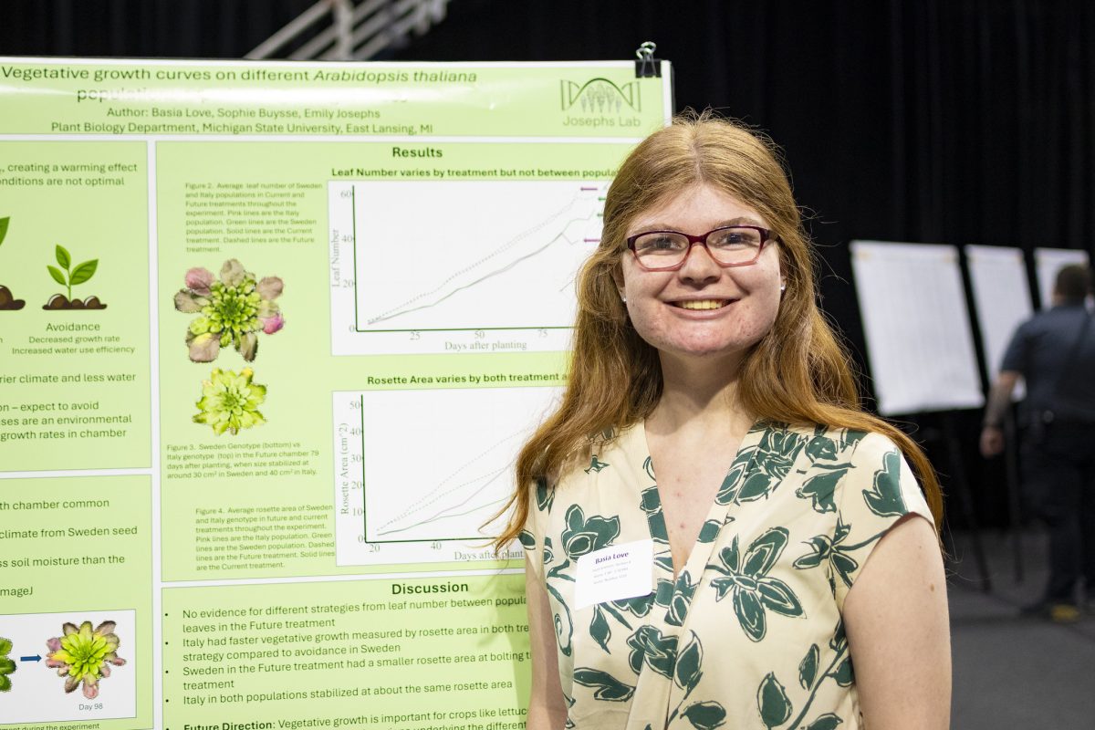 Image of Michigan State University student Basia Love wearing a cream-colored top with dark green floral patterns. Love is smiling at the camera, wearing a name tag, and staging in front of a large green poster with plant images on it at the University Undergraduate Research and Arts Forum.