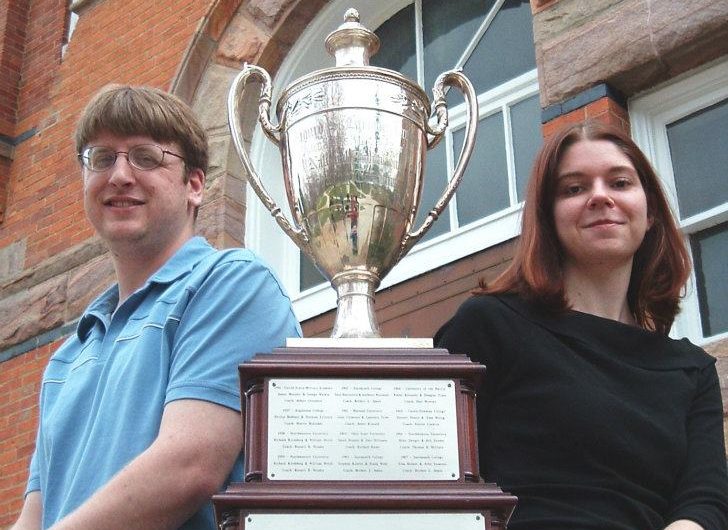 Photo of Dave Strauss and Greta Stahl who were the first team from MSU to with the National Debate Tournament in 2004.