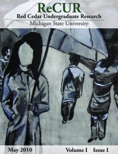 Cover of ReCUR May 2010 edition with a painting of people walking with umbrellas in monotone colors.