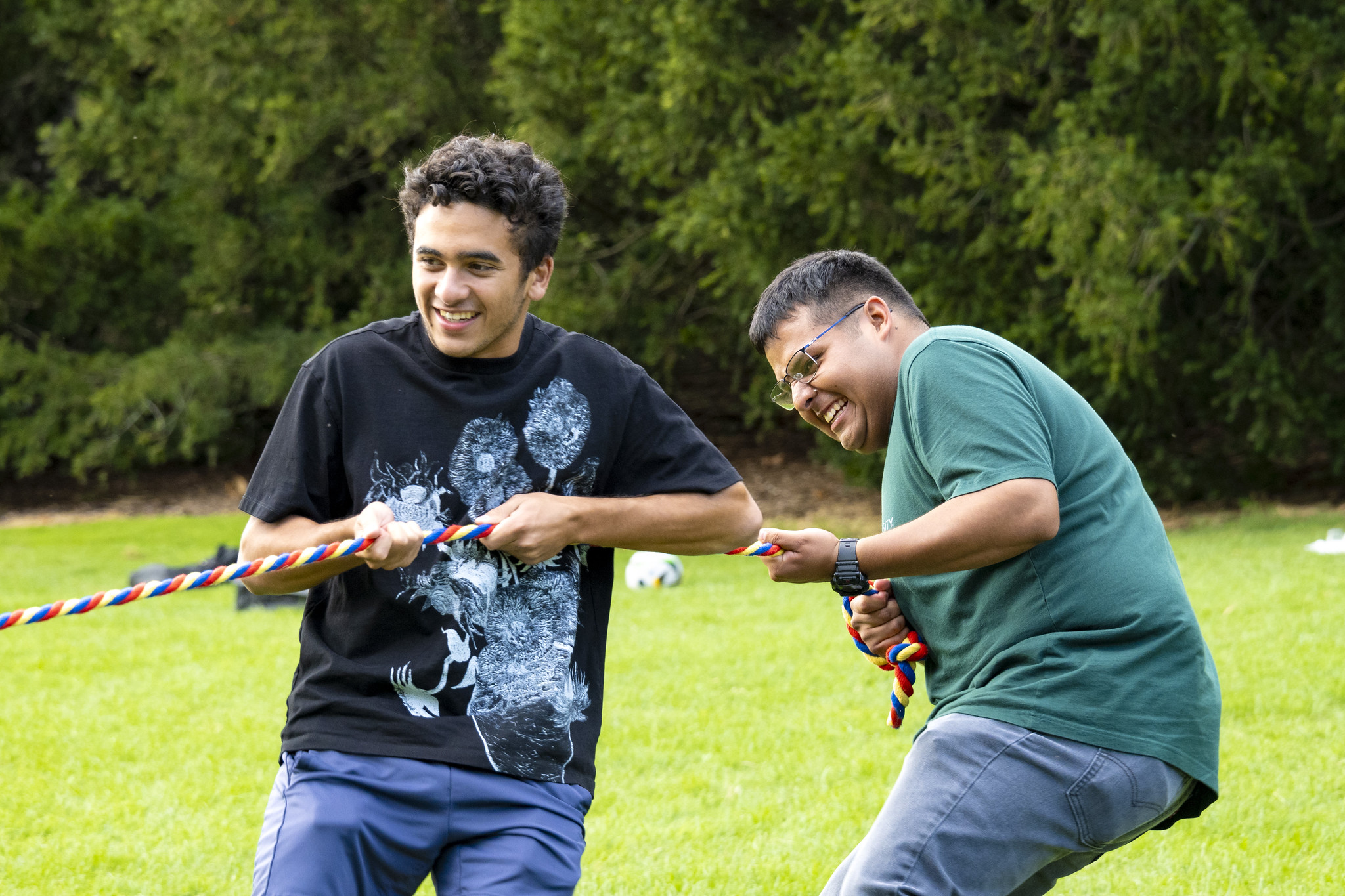 Image of MSU Honors College student Domenic Cedillo holding a tug-of-war rope with another student and smiling. Both are in jeans and t-shirts. Green grass and shrubbery are in the background.