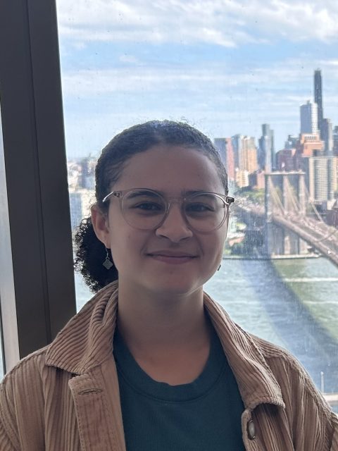 Image of incoming MSU Honors College student and University Distinguished Scholar Sophia Tavarez softly smiling in a green t-shirt and brown corduroy jacket. Behind Tavarez is a window showing bridges, a body of water, and a city skyline.